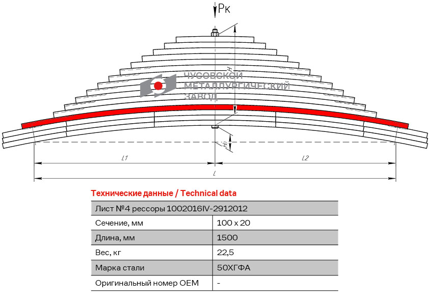 Лист рессоры №4 100*20*1500-18,5 задний MAN 1002016IV2912104