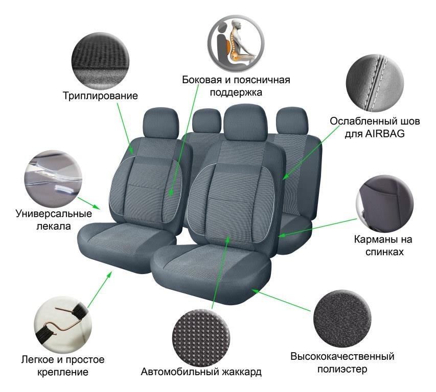 Чехлы универсальные 11 пр.повыш.комфорт жаккард "MONRO" темно-серые ACS-UJ-02