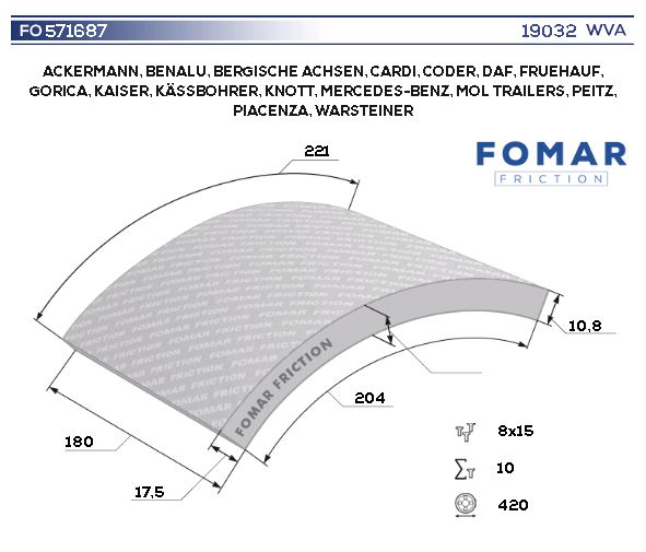 Накладка тормозная 19032 1REM 420*180 BPW/SAF 65571687N10A8RV