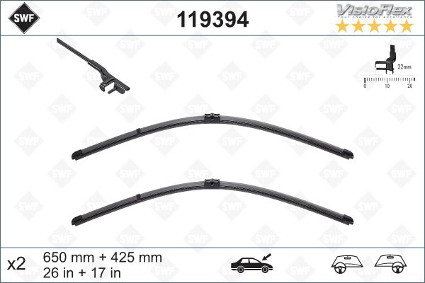 Щетки стеклоочистителя 650/420 плоские к-т Ford Focus all 05>/Peugeot 207 all 06> 119394