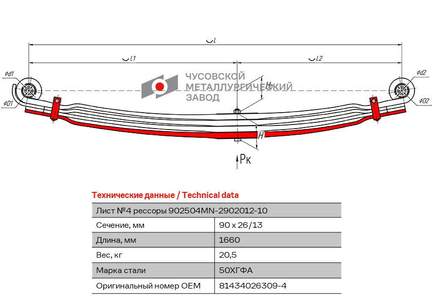 Лист № 4 рессоры передней MAN 902504MN-2902050
